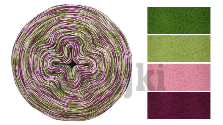 Zwojek Melanż  Mel-F 27 - paproć/jasna zieleń/róż/jeżyna, 4 nitki